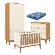 Quarto de Bebe Unique 2 Portas com Cômoda Gaveteiro Off White Freijó Eco Wood e Colchão Ortobom - Matic