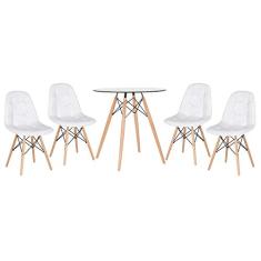 Loft7, Kit Mesa de vidro Eames 70 cm + 4 cadeiras estofadas Eiffel Botonê branco