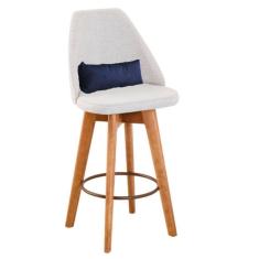 Banqueta Com Encosto Linho Bege E Almofada Azul Marinho