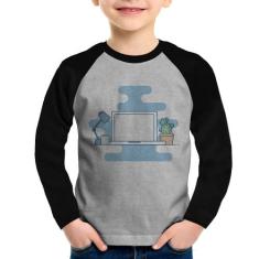 Camiseta Raglan Infantil Laptop Manga Longa - Foca na Moda, Cinza, Pre