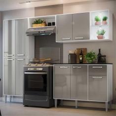 Cozinha Completa Compacta c/ 2 Leds, Armário e Balcão c/ Tampo 4 pçs Xangai Multimóveis Bca/Lca Fumê
