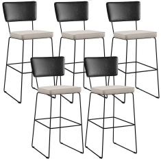Kit 05 Banquetas Altas Cozinha Allana L02 Preto Linho Cru