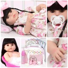 Boneca Reborn Realista Morena Com Enxoval Completo 20 Itens - Cegonha 
