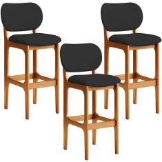 Kit 03 Banquetas Alta Para Cozinha Madeira Fixa Betta L02 Imbuia Facto Preto