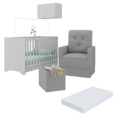 Berço 3 em 1 com Colchão Poltrona Puff e Armário Aéreo 2 Portas Multimóveis Mp4166 Branco/cinza