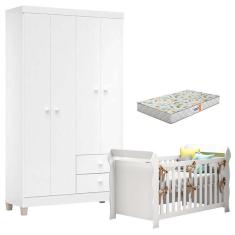 Berço Americano Lara com Colchão Gazin e Guarda Roupa Ternura Baby 4 Portas Branco Flex - Incorplac