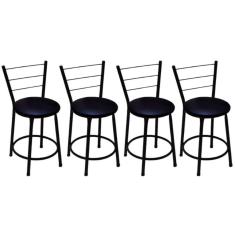 Kit 4 Banquetas Baixas Preta com Encosto Assento Preto