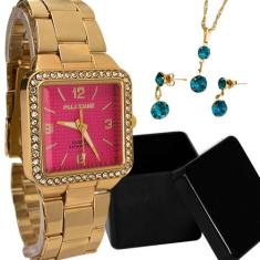 Relógio Feminino Original Quadrado + Brincos Colar Folheado - Azmar Se