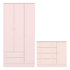 Quarto de Bebê Doce Sonho com Roupeiro 2617 e Cômoda Sapateira 2561 Qmovi Rosa Acetinado