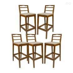 Kit 5 Banquetas Alta para Bancada em Madeira Estofada Grécia Amêndoa Linho Bege CCS