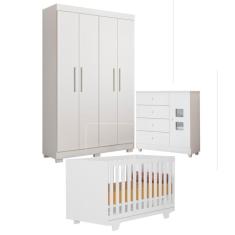 Quarto de Bebê com Berço Mini Cama, Cômoda1 Porta 4 Gavetas e Roupeiro 4 Portas 3 Gavetas Branco
