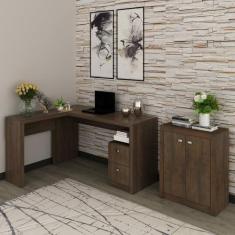 Kit 2 Peças com Mesa para Escritório em L e Armário Multiuso Baixo - E