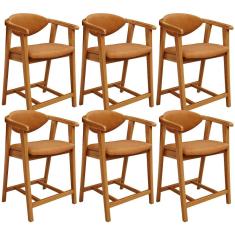 Kit 06 Banquetas Baixa Para Cozinha Sala Jantar Bancada Cecília L02 Couríssimo Canela - Lyam Decor