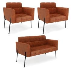 Sofá Namoradeira E 2 Poltronas Pé De Ferro Preto Elisa Corano D03 - D'rossi Cor Nozes