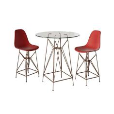 Jogo Mesa Bistrô Eames Vidro 60Cm 2 Banquetas Vermelha Base Ferro Cobre - Cor: Branco