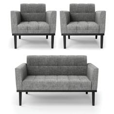 Sofá Namoradeira E 2 Poltronas Base De Madeira Preto Elisa Linho Grafite A26 D03 - D`rossi
