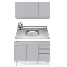 Armário De Cozinha Aéreo Virgínia E Balcão Com Pia 120cm Michigan Cinza Claro - Lumil
