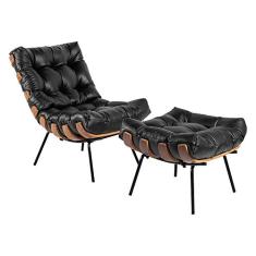 Poltrona e Puff Decorativos Sala de Estar Costela Couro Preto - Gran Belo