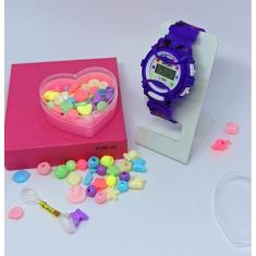 Relógio Infantil Digital Menina Esporte Silicone + Kit Miçangas Coloridas para Montar Colar Pulseiras Anél Fio Silicone