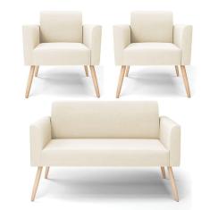 Sofá Namoradeira Com 2 Poltronas Pés Palito Natural Marisa Veludo Bege D03 - D`rossi