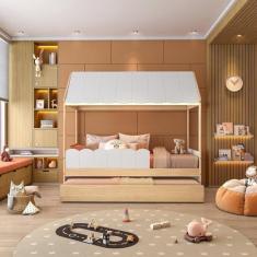 Bicama Reversivel Casinha com Telhado, Led e Grade Frontal Dupla New Garden Casatema Branco/Natural