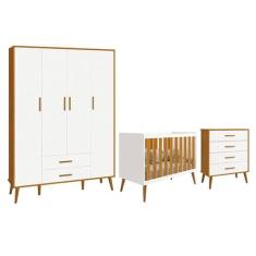 Dormitório Infantil Isis Guarda Roupa 4 Portas, Cômoda e Berço Branco/