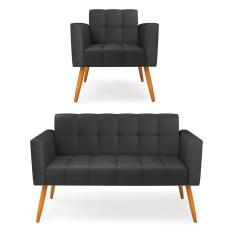 Kit 1 Sofá Namoradeira E 1 Poltrona Elisa Corino Preto Pés Palito Castanho - D`rossi