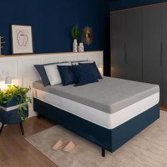 Cama Box Solteiro King Azul com Colchão Guldi Dream Mola Ensacada (30x96x203) Cinza e Branco