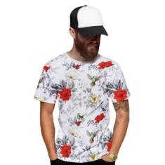 Camiseta Beija Flor Branca e Rosas Vermelhas Masculina-Masculino