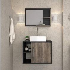 Conjunto para Banheiro Gabinete com Cuba Quadrada Q32 e Espelheira Laura 600 Yescasa Preto Ônix/carvalho Dark