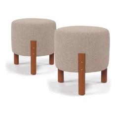 Kit 2 Puffs Decorativo Redondo Banqueta Sala Quarto Escritório Pés Madeira Zuppy - Bege Linho