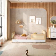 Cama Infantil Solteiro Montessoriano Lift em Madeira Maciça com Rattan 1 Grade Casatema Branco/Natural