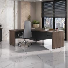 Mesa Para Escritório Em L Diretor Em Tamburato Com 2 Gavetas Com Chave Charuto Preto