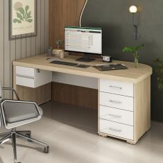 Mesa Para Escritório Diretor Em Tamburato Com 6 Gavetas Carvalho Branco