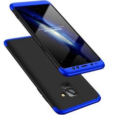 Kit Capa Capinha Anti Impacto 360 Full Para Samsung Galaxy A8 Com Tela 5.6Polegadas - Case Acrílica Fosca Com Película De Vidro Temperado - Danet (Preto e Azul)