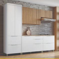 Cozinha Completa em MDF Nesher Paris Ripada com 270 cm de Largura, 7 Portas, 6 Gavetas e 11 Prateleiras - Branco/Nature