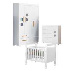 Quarto de Bebê Berço Mini Cama, Cômoda 1 Porta 4 Gavetas e Roupeiro 4 Portas 2 Gavetas Fly Branco
