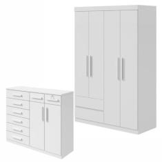 Conjunto de Guarda-roupa Solteiro 4 Portas 2 Gavetas Zeuse Cômoda 8 Gavetas 2 Portas Toronto Branco