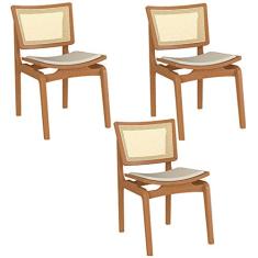 Kit 03 Cadeiras Decorativas Sala de Jantar Madeira Champagne Ravi Linho Bege - Gran Belo