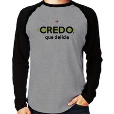 Camiseta Raglan Credo, que delícia Manga Longa - Foca na Moda, Cinza, 
