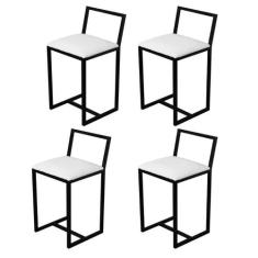Jogo 4 Banqueta Baixa Para Cozinha Preta Industrial Estofado Branco - 