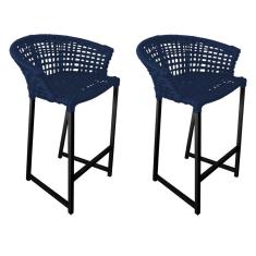 Kit 2 Banquetas Reis Em Corda Náutica E Base Em Alumínio Preta Para área Gourmet Azul Marinho Azul