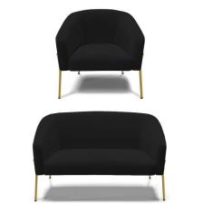Sofá Namoradeira e Poltrona Pé de Ferro Dourado Stella Linho Preto A79