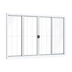 Janela de Alumínio de Correr Central 4 Folhas Com Grade 100x200cm Riobras Branco
