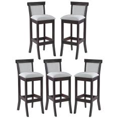 Kit 5 Banquetas Alta Estofada Encosto Mônaco 36x100Cm Madeira Maciça Linho Bege Cru L71 - RMI