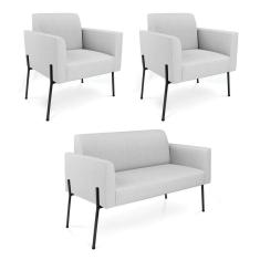 Sofá Namoradeira E 2 Poltronas Pé De Ferro Preto Marisa Linho D03 - D`rossi Cor Cinza