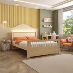 Cama Casal Wave Juvenil Montessoriana Reversivel em Rattan com Led Casatema Branco/Natural