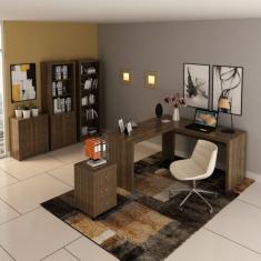 Kit 5 Peças Com Mesa Em L, Armário Alto, Gaveteiro, Estante E