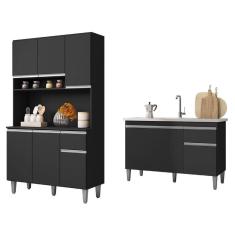 Balcão de Pia Tatiane 120 cm e Armário Cozinha Kit Márcia Preto Fosco - ajl
