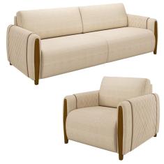 Conjunto Sofá 3 Lugares 223cm E Poltrona 98cm Amaranto M22 Linho Champanhe - Mpozenato